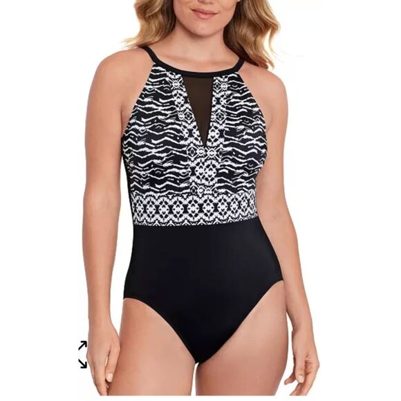 SWIM SOLUTIONS Tummy Control Black White Halter Mesh Insert Swimsuit NWT 10 - Picture 1 of 7